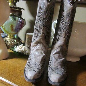 F CORRAL EMBELLISHED GLAM WESTERN BOOTS GRAY PURPLE BEADED WINGS 8 M